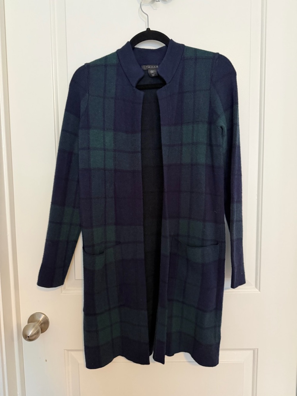 Tahari Plaid Open Cardigan in Navy and Green